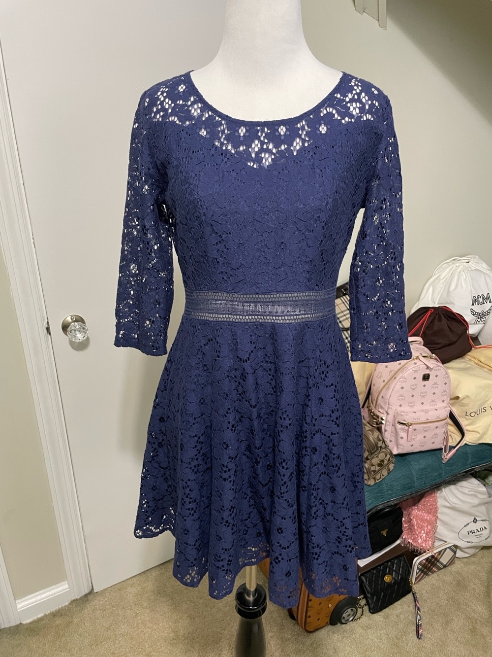 AQUA Women's Navy Lace Fit-and-Flare Dress